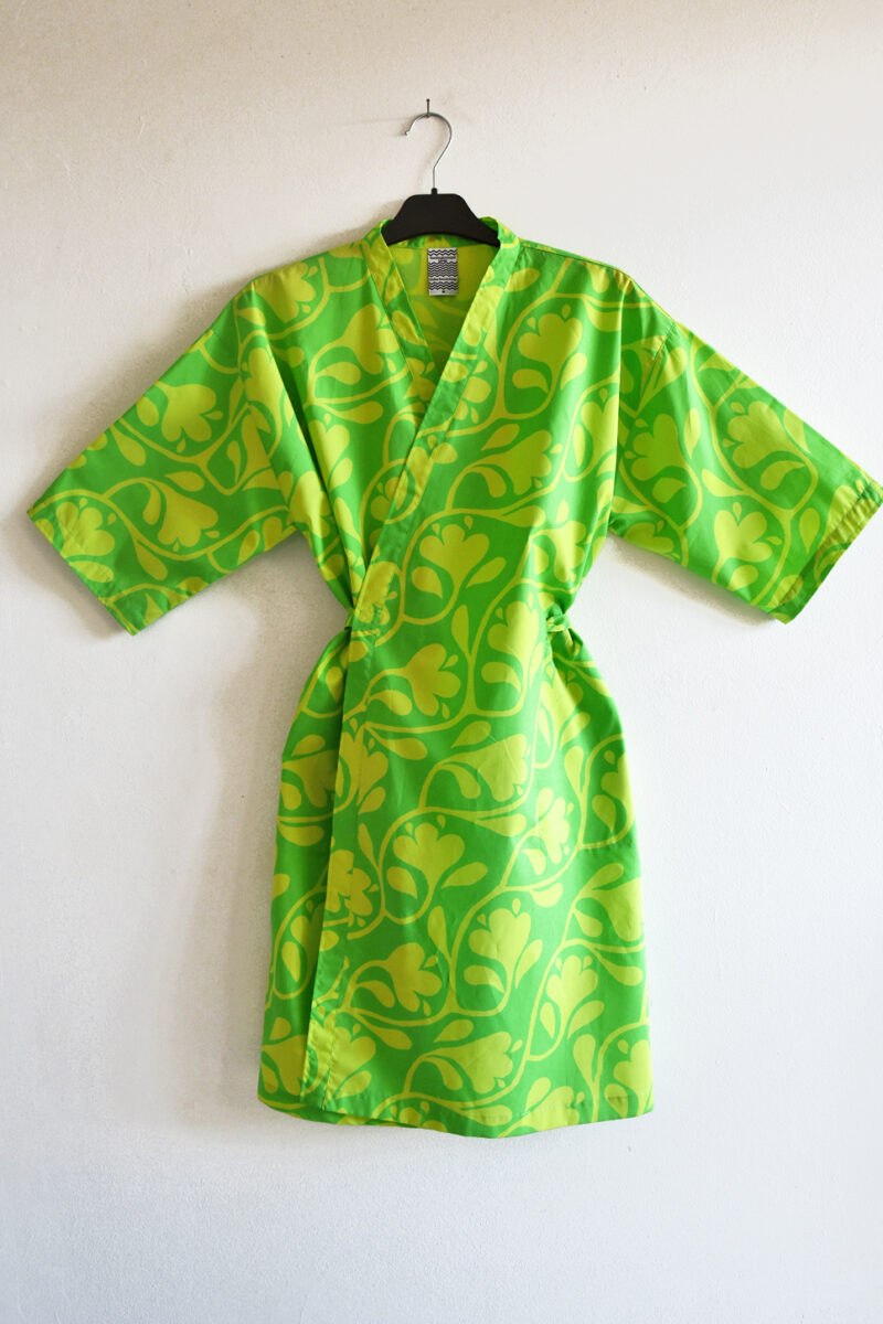 Kimono-klänning Mah-Jongblomma ärtgrön & limegul